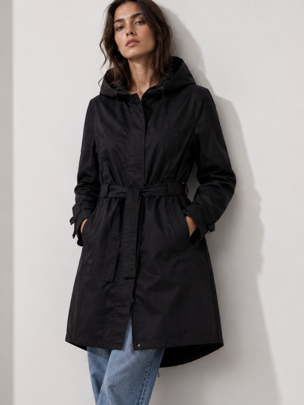 Black Hooded & Belted Cotton Blend Parka Jacket By Dadeca